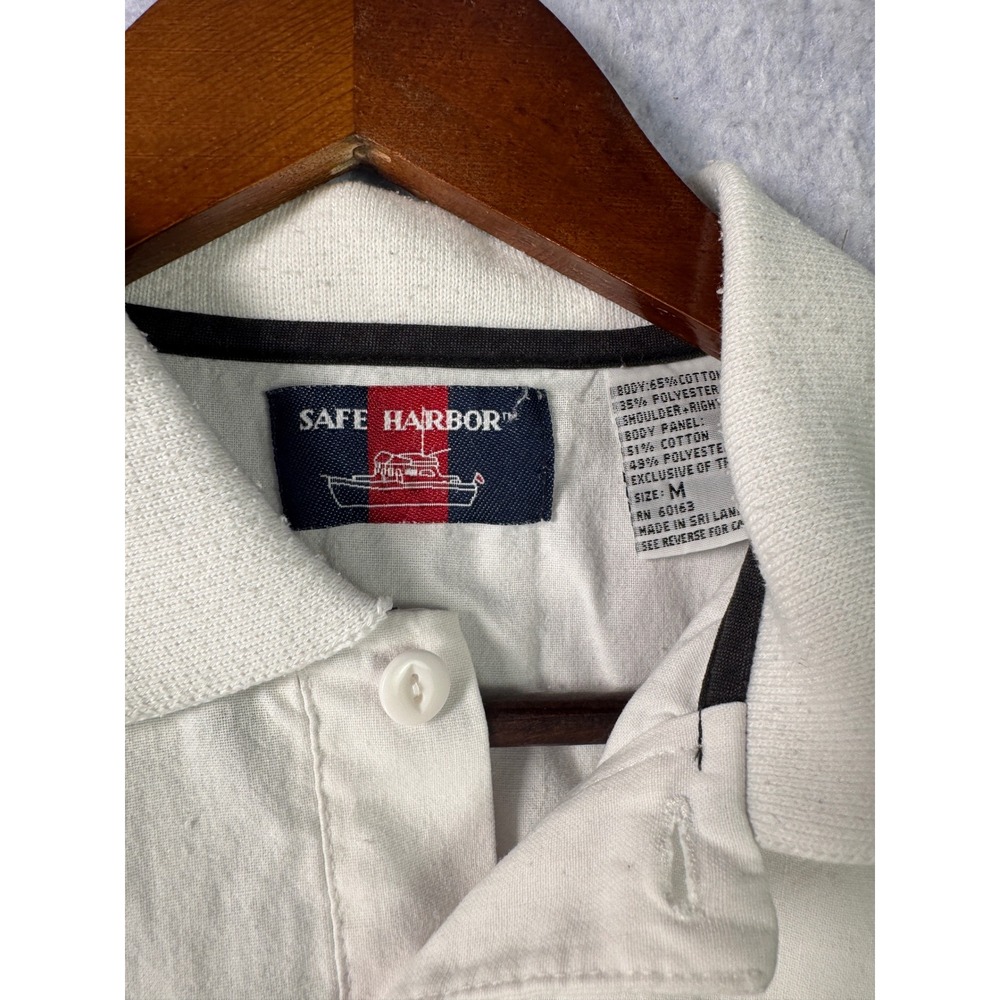 Safe Harbor Mens White Grey Striped Short Sleeve Banded Hem Polo Shirt Medium - Picture 2 of 5